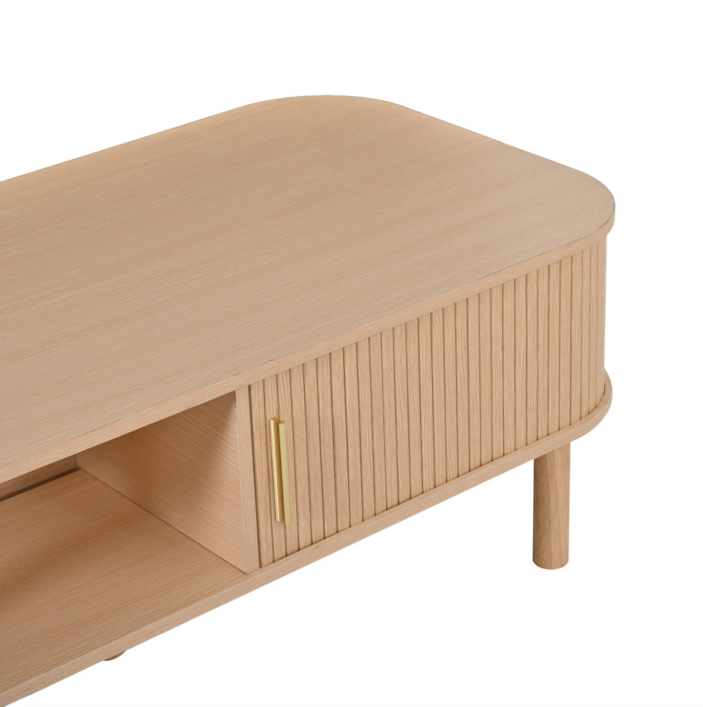 Tavolino da caffè 110x55x45 cm con porta scorrevole e vano portaoggetti in MDF naturale