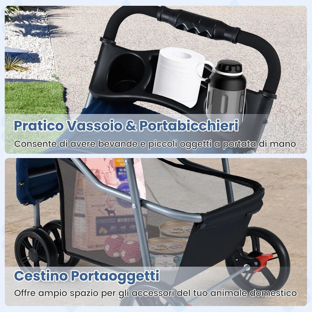2 in 1 Passeggino per Cani, Carrozzina per Cani Pieghevole Facile con Portata Massima di 15 kg, 4 Ruote, Tetto Regolabile, Cuscino Rimovibile e Cestino Portaoggetti (Blu)