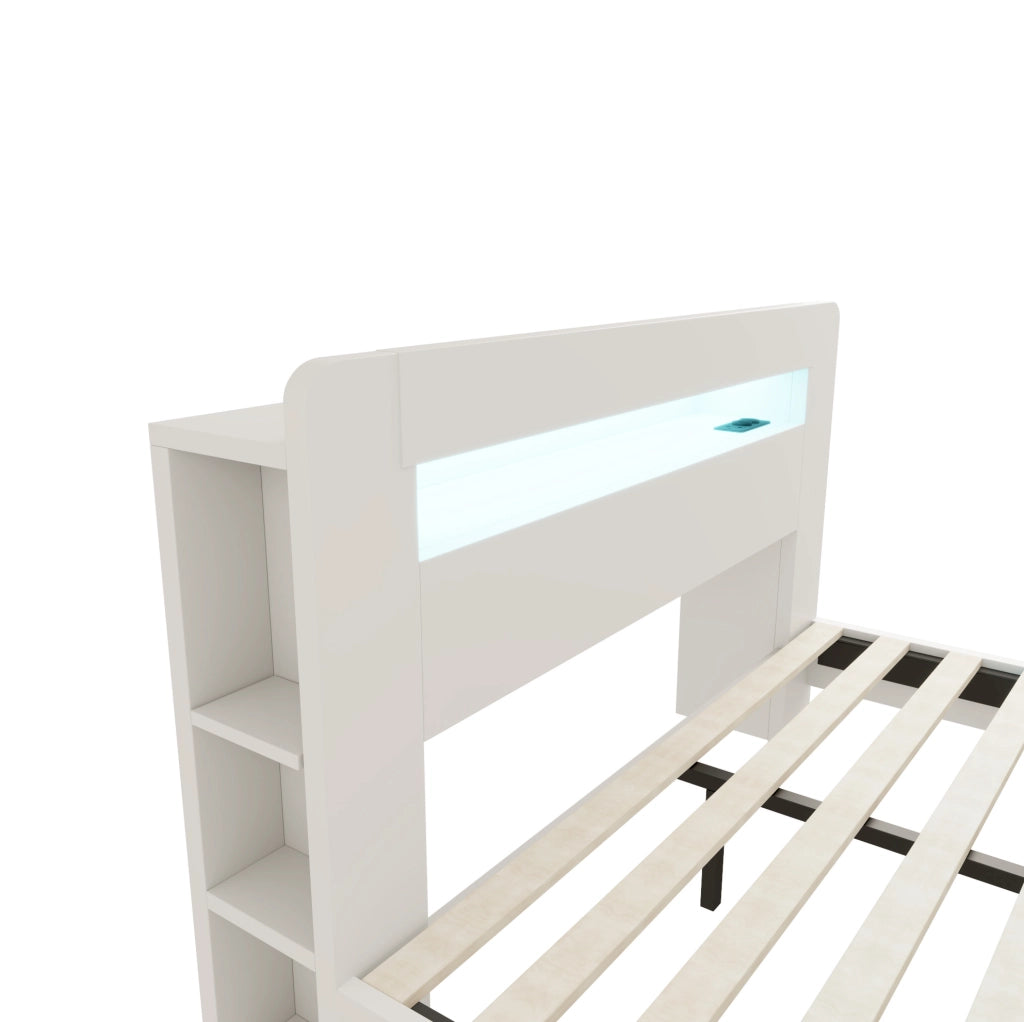 Letto 140x200 cm con contenitore e LED in legno bianco