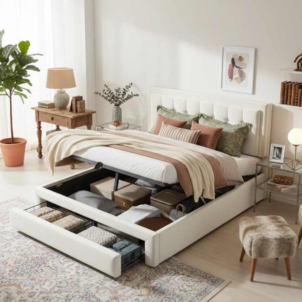 Letto imbottito beige in velluto con contenitore 140 x 190 cm