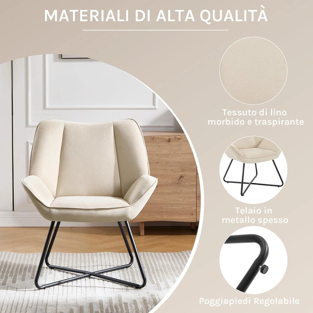 Poltroncina Camera da Letto, Poltrone Salotto, in Lino, con Gambe in Metallo, Portata 150 kg, Beige