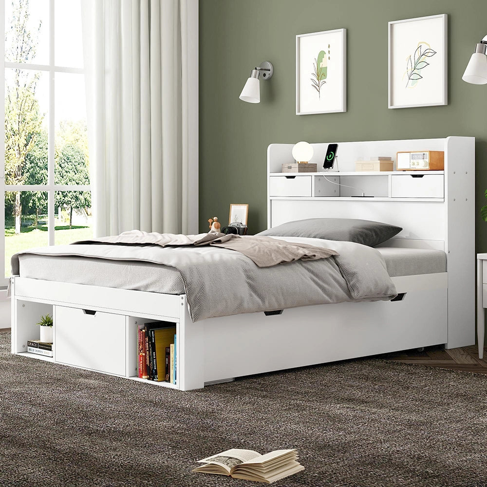 Letto singolo - Xylo - 90x190 cm - Bianco - USB, cassetto, multifunzionale
