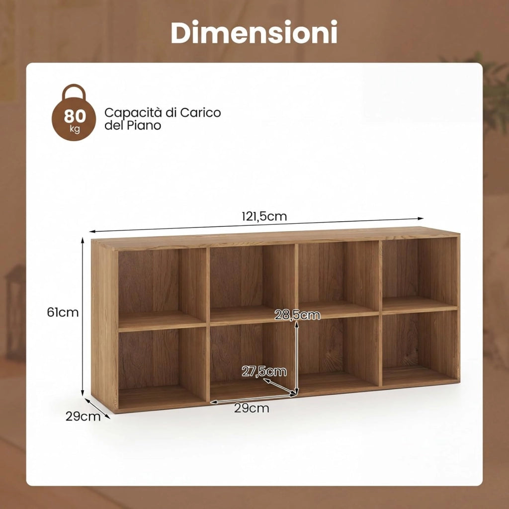 Libreria Scaffale a 8 Cubi Aperti, Libreria Bassa in Legno Salvaspazio, Scaffale Espositivo per Camera da Letto, Soggiorno, Salotto, Ufficio e Studio, 121,5 x 29 x 61 cm (Naturale)