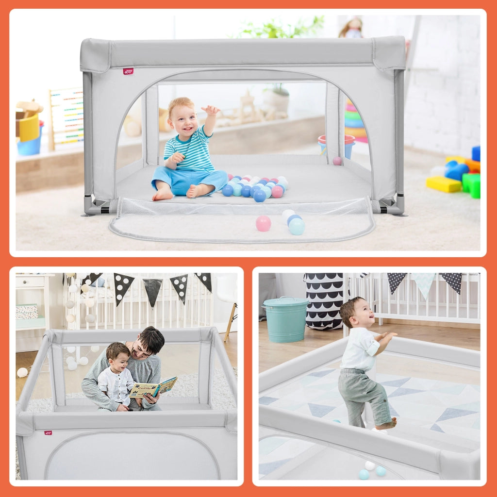 Box per bambini con pareti a rete traspirante, Centro attivit¨¤ con cancelli di sicurezza 126x126x68cm Grigio-Cancelletti di sicurezza