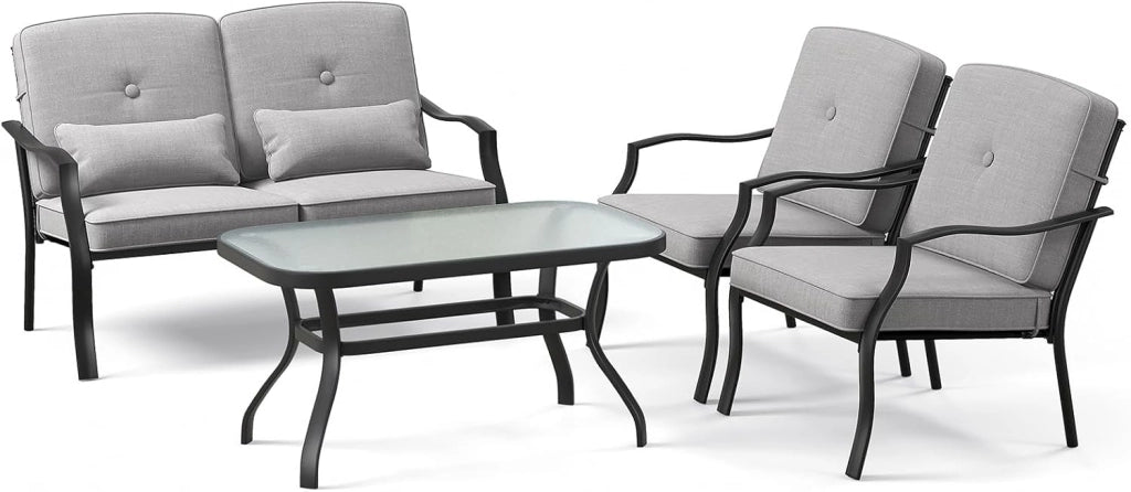 Set di 4 mobili da giardino con tavolino da salotto e panca da giardino e 2 sedie da pranzo, set da 4 persone, set da giardino con cuscino, mobili da giardino