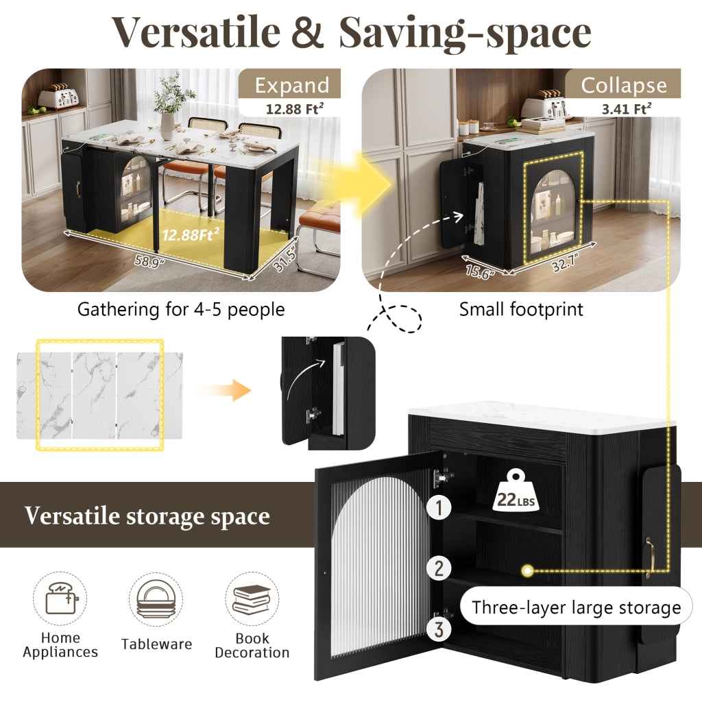 Carrello da cucina con Tavolo allungabile; 3 Scomparti; Ruote; LED e Presa; MDF Vetro; Bianco Nero