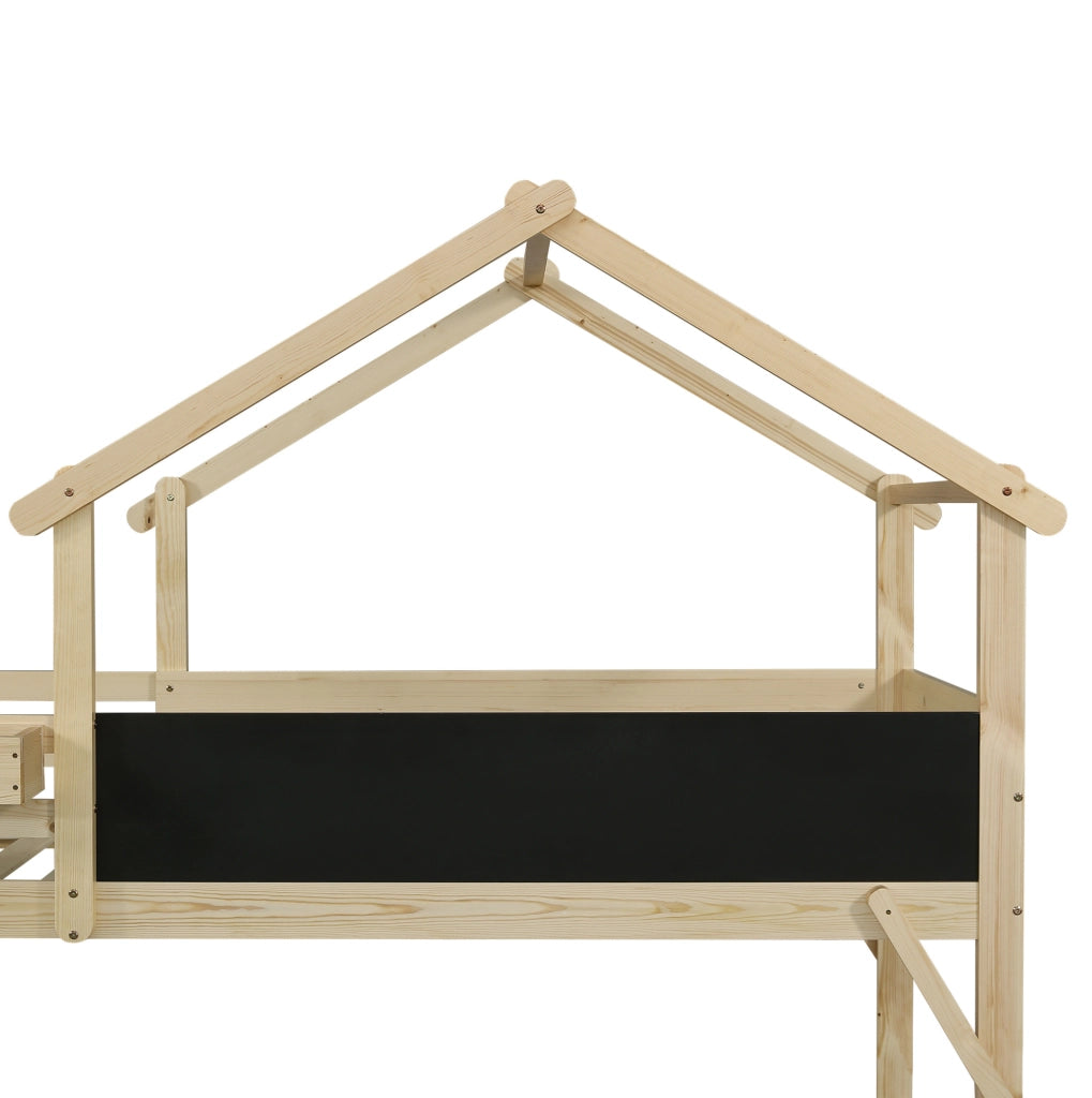 Letto a castello 90x200 cm con scala contenitore e lavagna; legno bianco e naturale