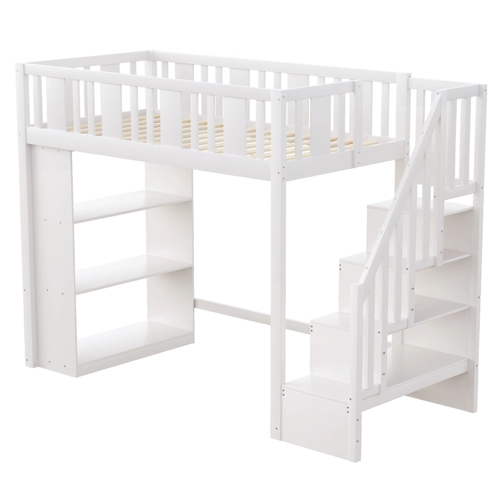 Letto a soppalco 90x200 cm con scala contenitore e 15 doghe in legno bianco