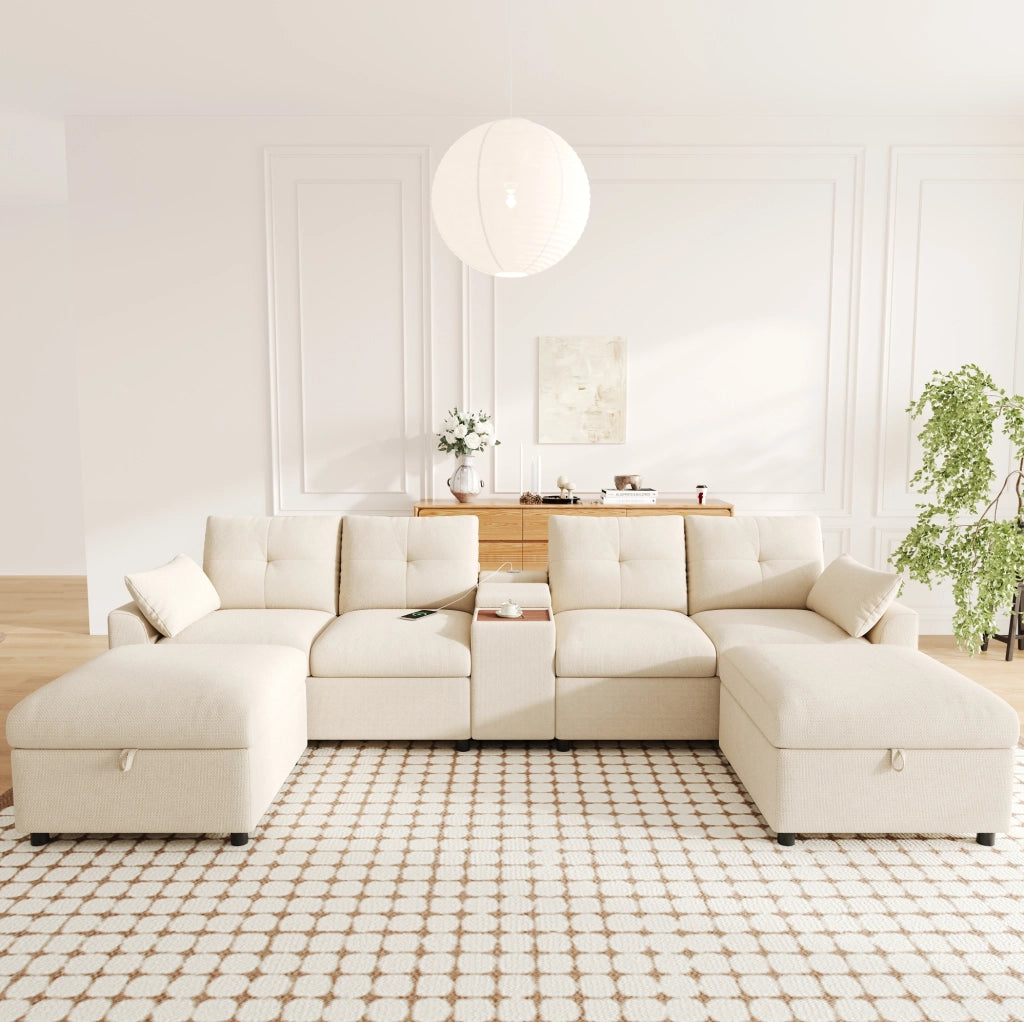 Divano angolare modulare con 2 pouf contenitore e console USB Type-C 316x140x84;5 cm ciniglia beige