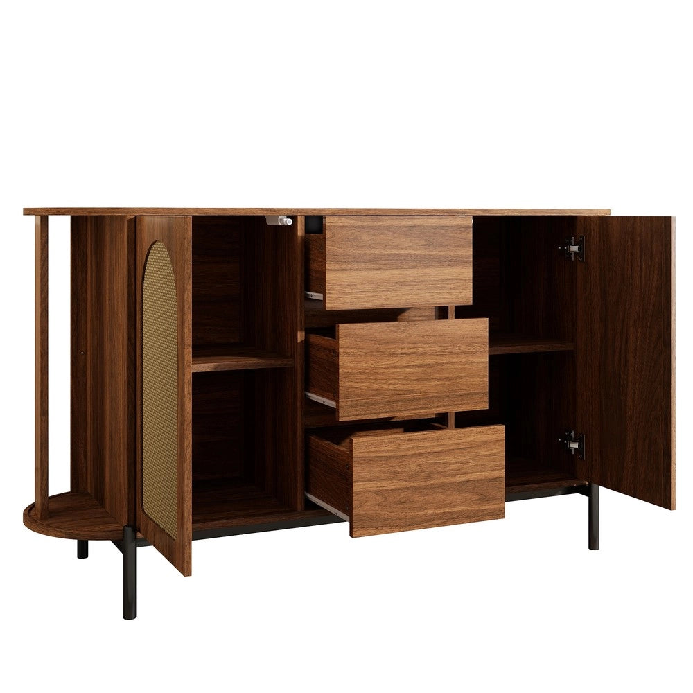 Credenza Ovale con Ante a Scorrimento in Rattan, Cassetti e Ripiani ¨C MINIMAL ¨C Legno e Metallo