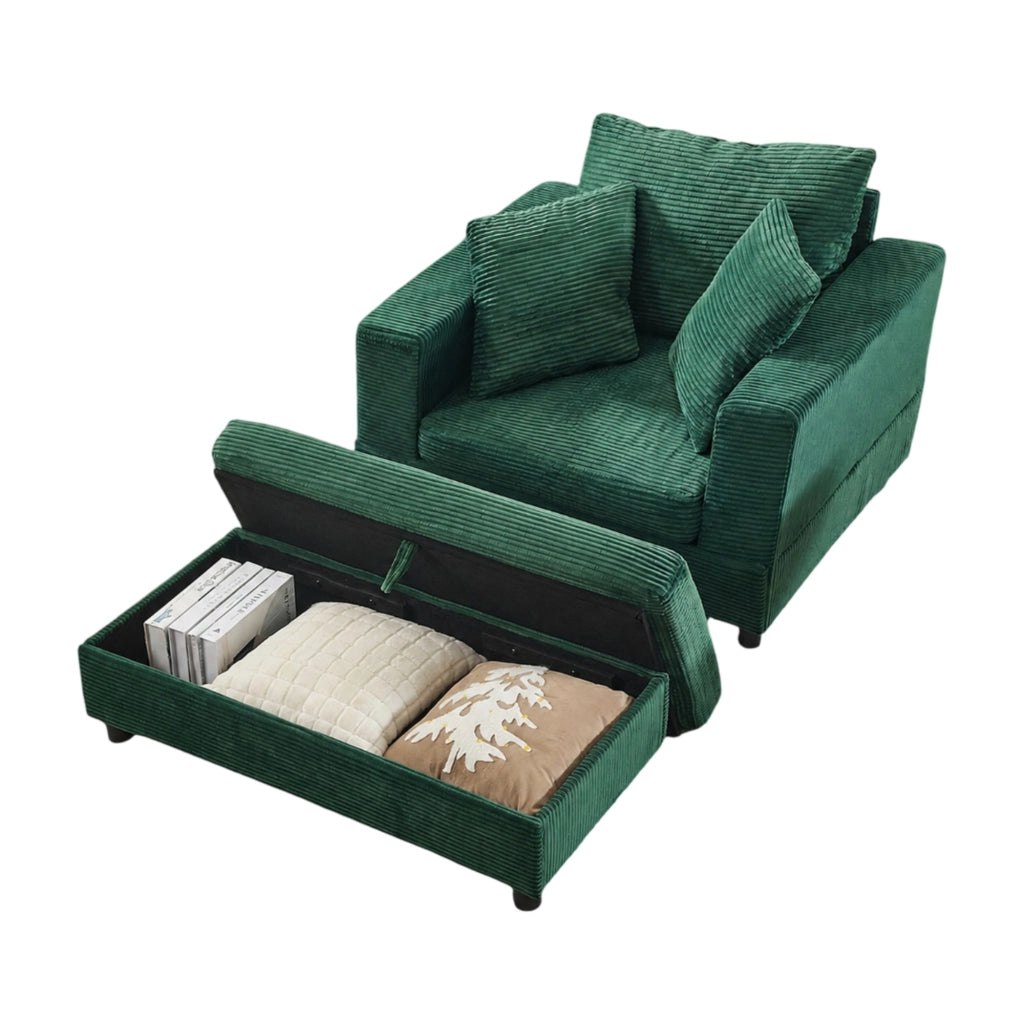 Chaise longue con contenitore e 3 cuscini in cordone di legno e metallo verde smeraldo 107 × 74 × 57 cm