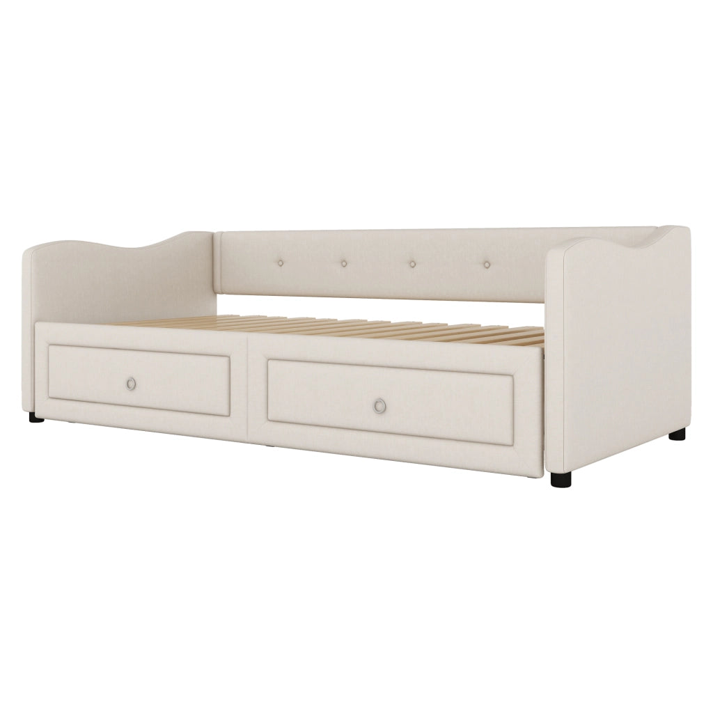 DESMIU Letto con rete estraibile 90 × 200 cm 1 piazza con 2 cassetti, senza materasso, in lino, beige