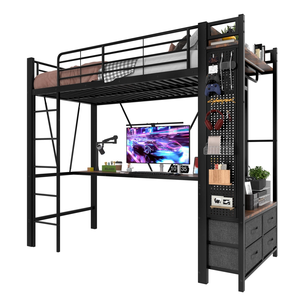 Letto a castello nero in metallo con scrivania integrata funzione di stoccaggio 90x200 cm