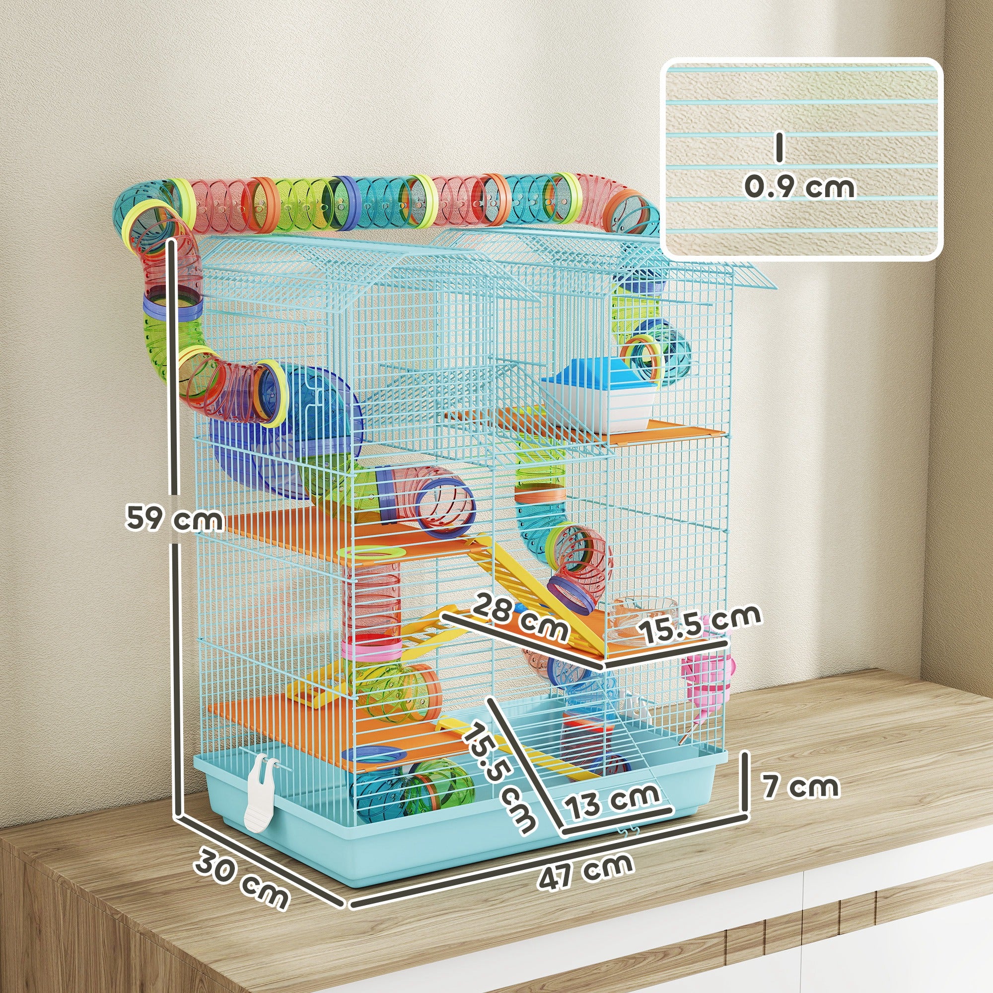 Gabbia per Criceti a 5 Piani 47x30x59 cm con Tubi Colorati e Accessori in Metallo Azzurro