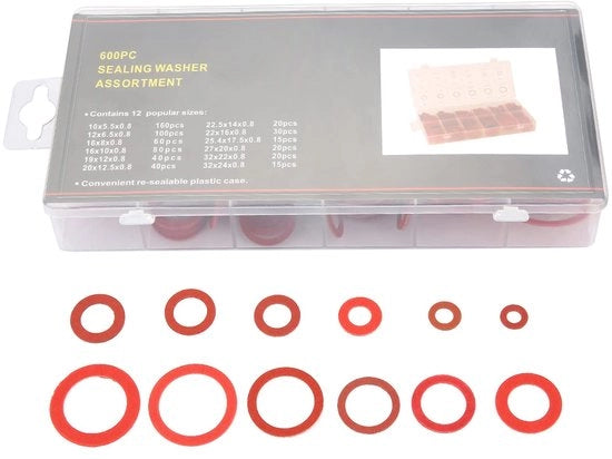 Assortimento Dischi Isolanti in Acciaio con Fibra di Vetro - 600 Pezzi - Acciaio Rosso - Per Installazioni Elettriche - 12 Dimensioni Diverse