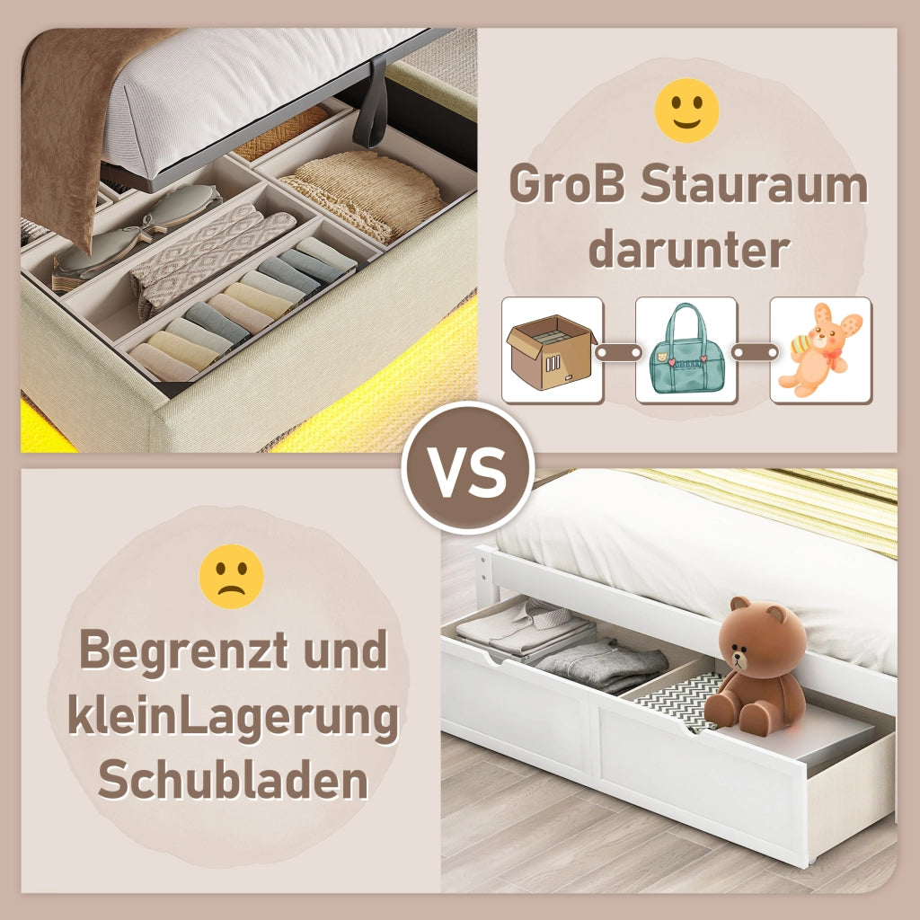 Letto imbottito 90x200 LED idraulico USB/Type-C lino beige