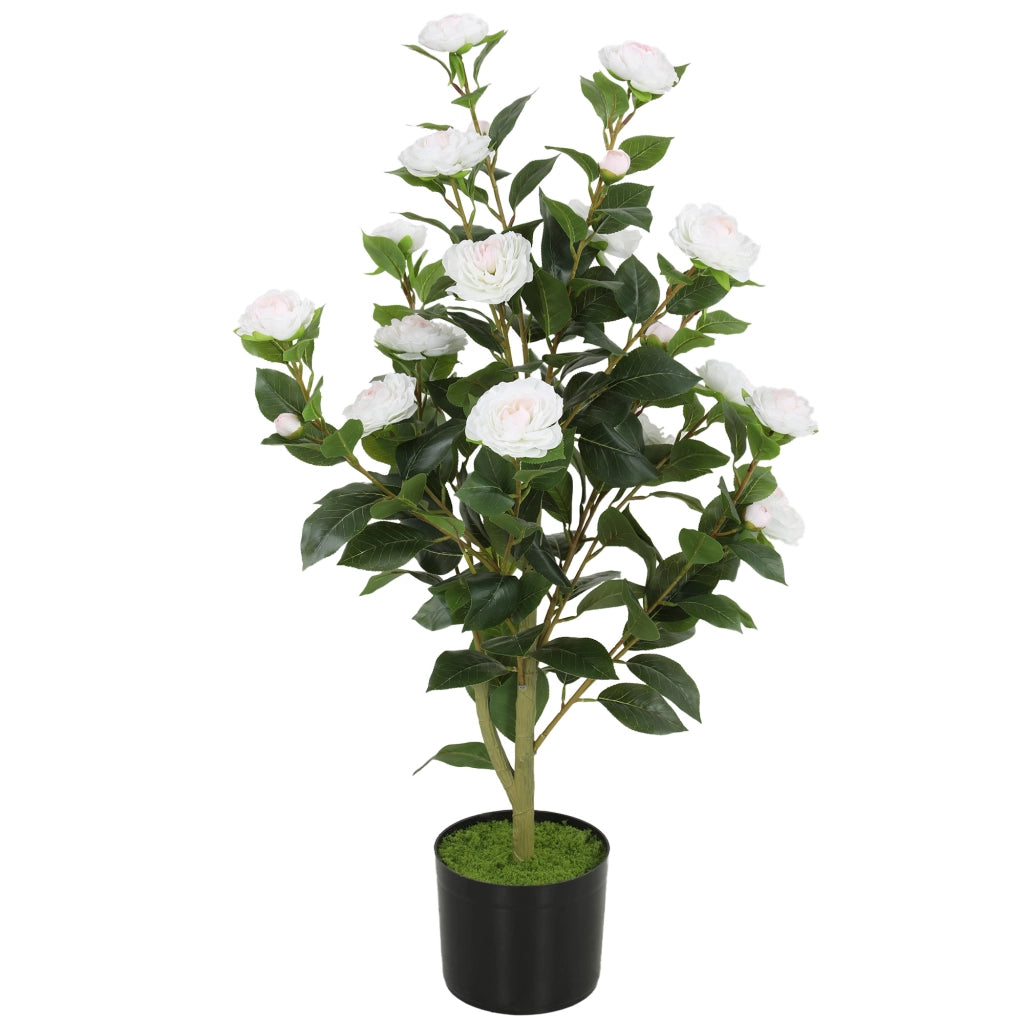 Pianta Finta di Camelia con Fiori Realistici. 176 Foglie in PEVA e Vaso Nero in PP Riempito in Cemento. Bianco