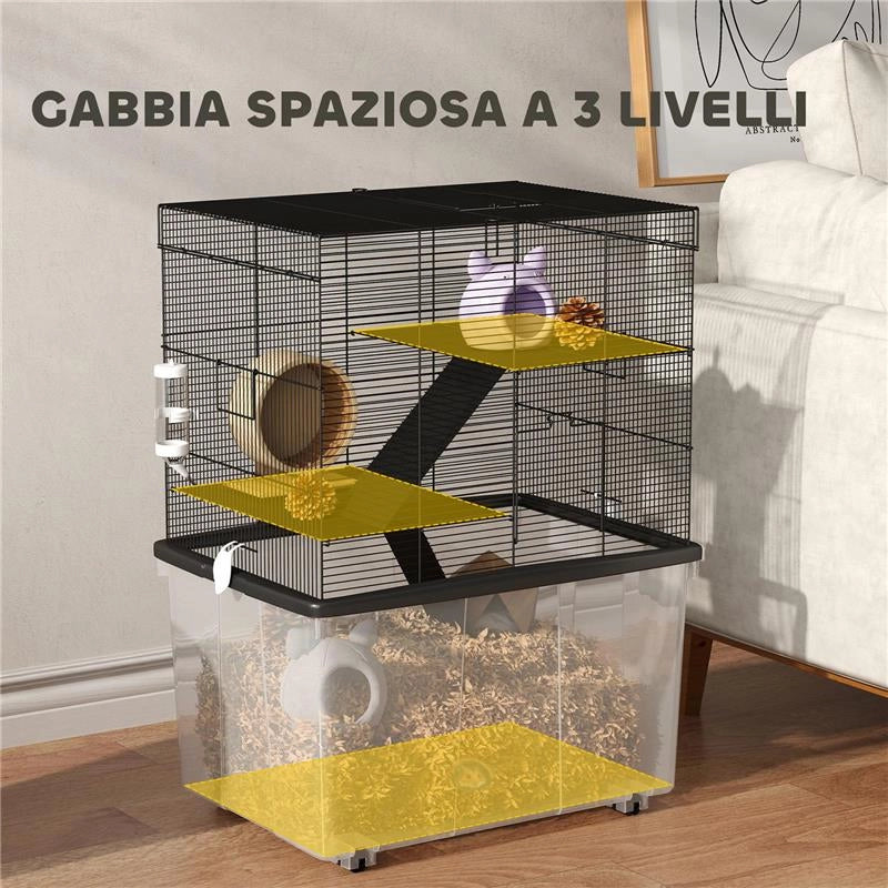 GABBIA PER CRICETI 3 PIANI CON RUOTE 2 PIATTAFORME RAMPE CIOTOLA E BOTTIGLIA 58X43X74 CM NERO