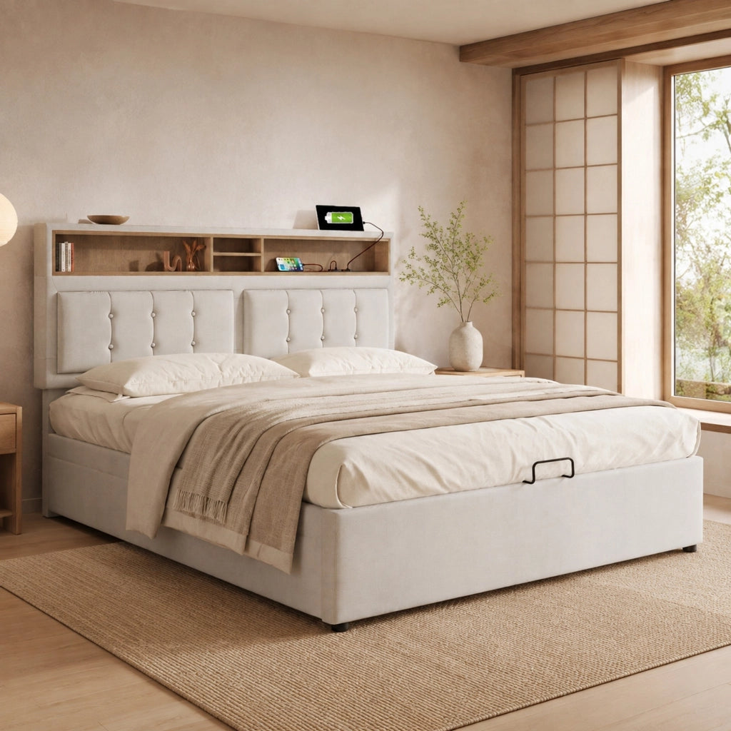 Letto con contenitore 160 × 200 cm con prese USB e Type-C testiera regolabile rivestito in lino beige