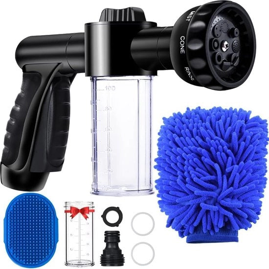 Doccia per Giardino con Dispensatore di Sapone, Tubo da Giardino, Lancia Acqua con 8 Modalità di Lancia Acqua, Aspirapolvere Manuale ad Alta Pressione con Dispensatore di Sapone per la Pulizia di Auto e Animali e l'Acqua delle Piante e dei Prati.