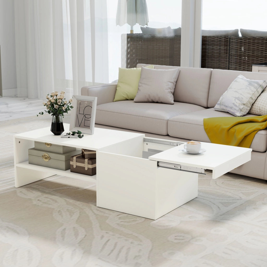 Tavolino da Caffè 110x52x36 cm con Piano Scorrevole e Ripiano Aperto e a Scomparsa in Legno Bianco