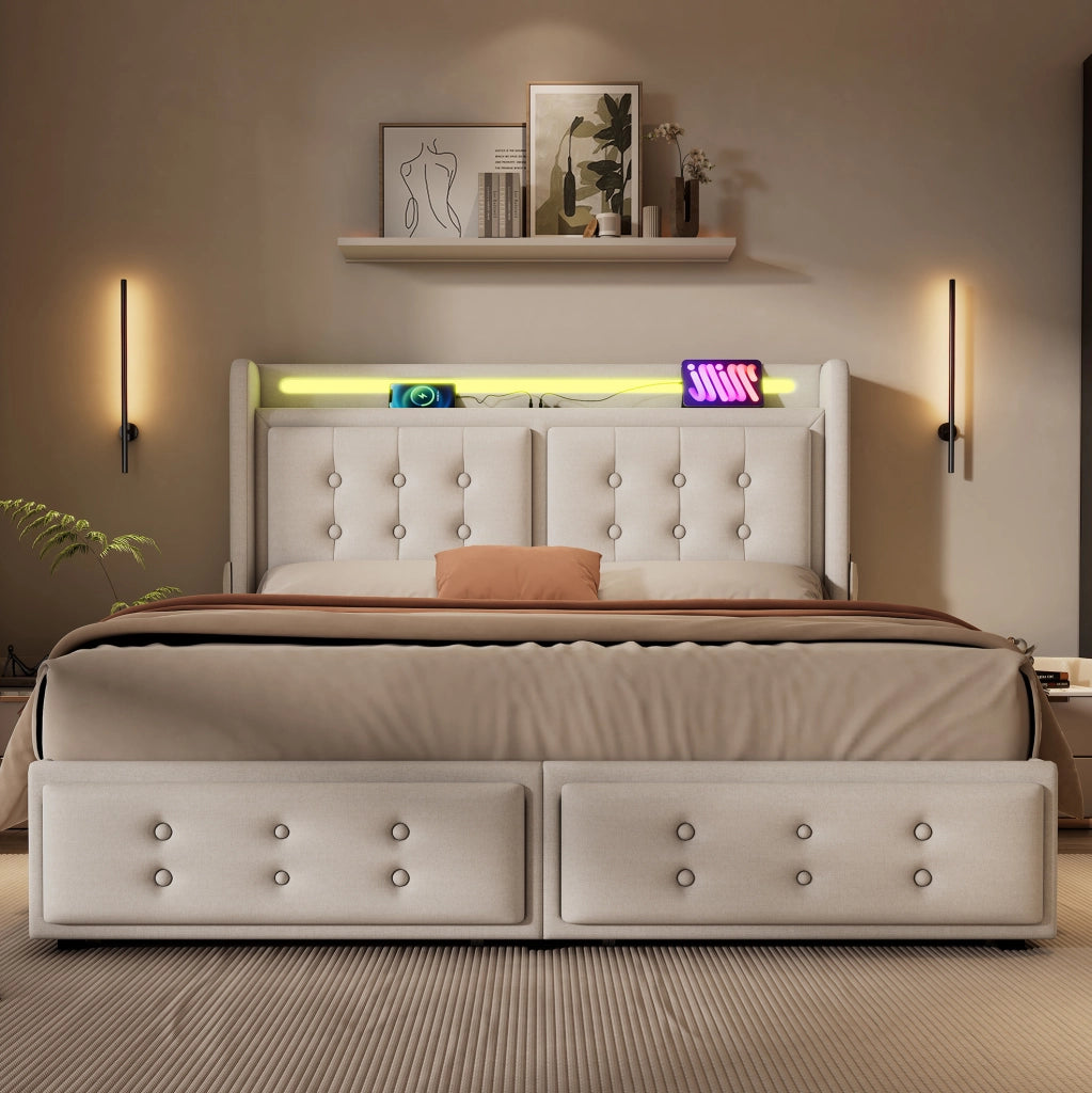 Letto imbottito 140x200 cm beige con LED, USB-C, prese e 4 cassetti