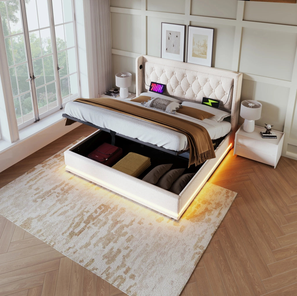 Letto imbottito 160x200 cm beige con LED, USB-C e materasso
