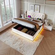 Letto imbottito 160x200 cm beige con LED, USB-C e materasso