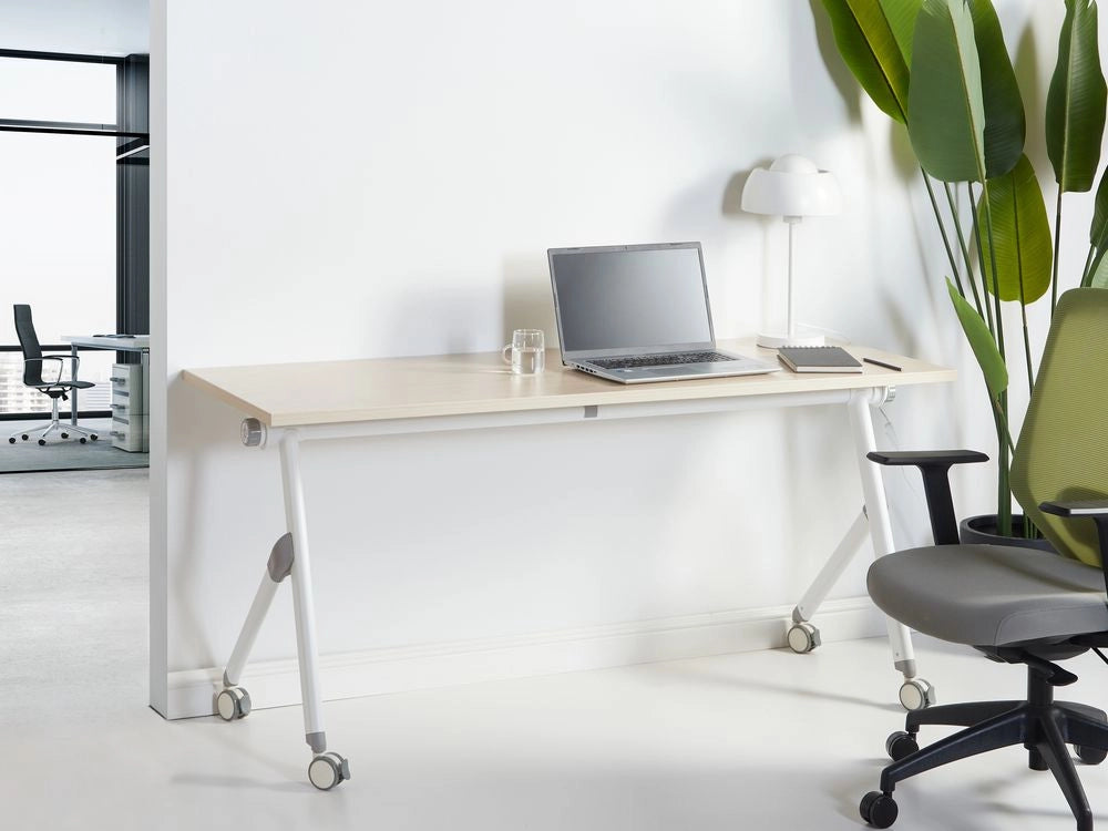 Scrivania rettangolare pieghevole con rotelle portatile con struttura in metallo bianco e nero 160 x 60 stile moderno