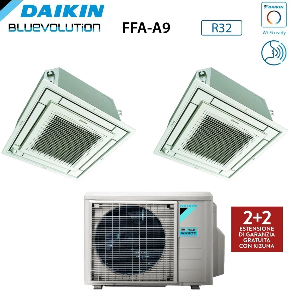 Climatizzatore Condizionatore Daikin Bluevolution Inverter Dual Split a Cassetta FFA-A 9+9 con 2MXM40A R-32 Wi-Fi Optional con Comando a Filo e Griglia Bianca 9000+9000 Garanzia Italiana