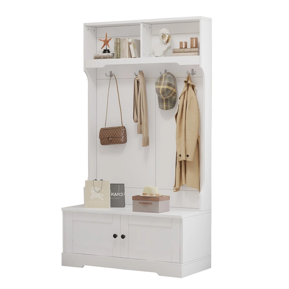 Scarpiera Panca con Appendiabiti ¨C MINIMAL ¨C Bianco, 4 Ganci, 2 Ripiani, Ingresso