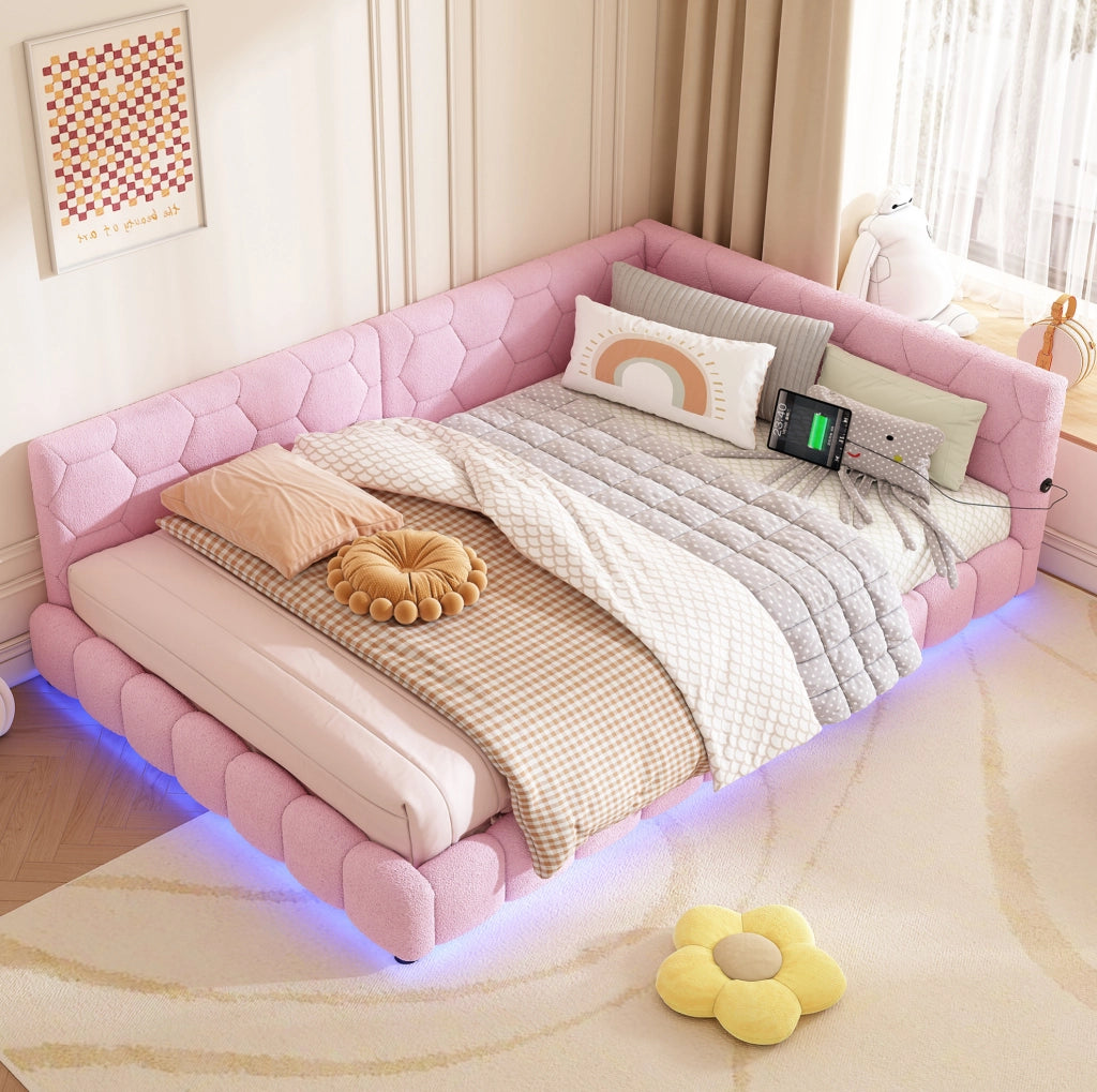 Divano letto rosa 140x200 cm con LED 16 colori, USB e USB-C