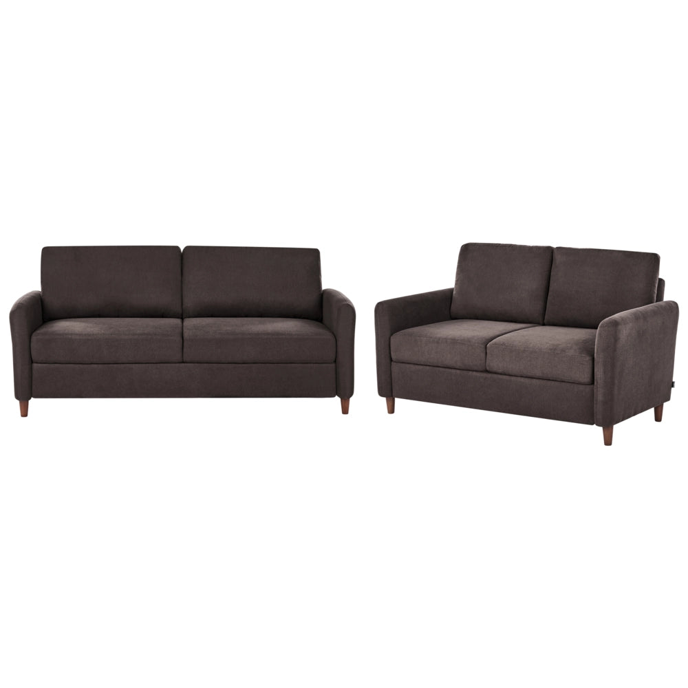 Set divani a 5 posti con rivestimento in tessuto marrone scuro, braccioli contenitori e imbottitura molto spessa, modelli a 2 e 3 posti, mobili da soggiorno in stile moderno