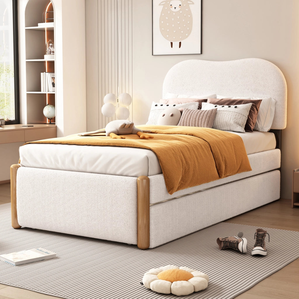 Letto imbottito 90x200 cm con letto estraibile, bianco, struttura in Plush e MDF