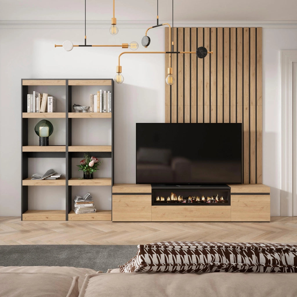 Mobile TV, Soggiorno, 320x35x186cm, Per TV fino a 80", Camino elettrico, colore Rovere e nero RF2602