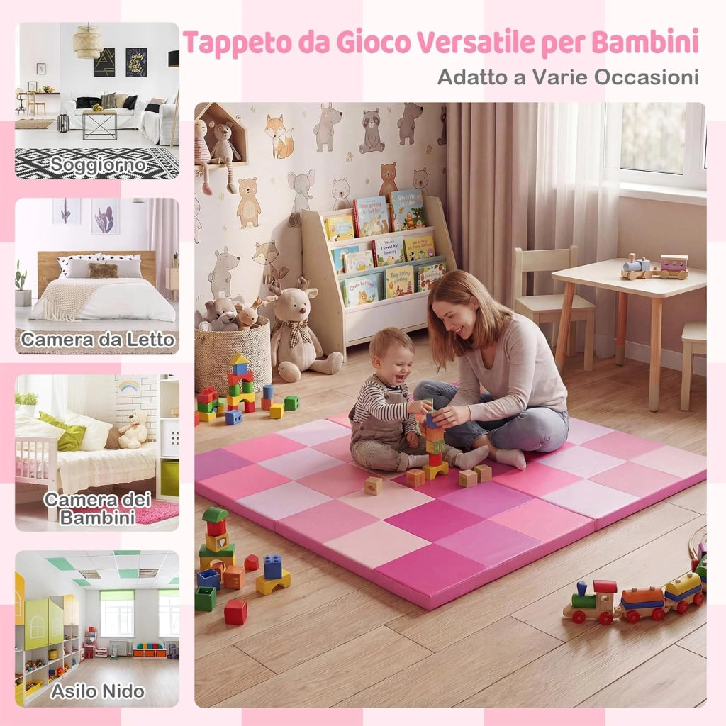 Tappeto Gioco Pieghevole, 144 x 144 cm, Tappetino da Ginnastica con Pelle Impermeabile, Tappeto da Pavimento per Cameretta (Rosa)