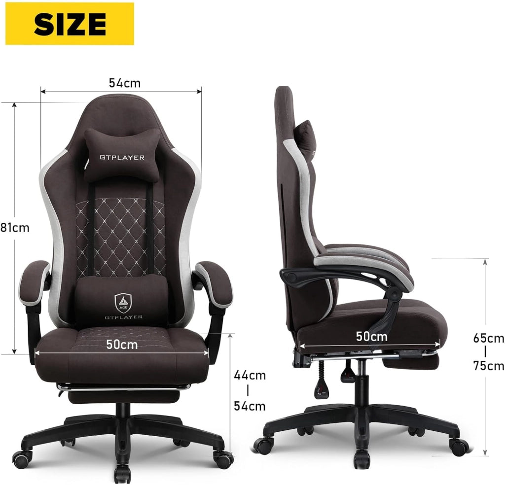 Sedia da gaming, ergonomica, da scrivania, con superficie in tessuto, cuscino a molla, braccioli di collegamento e poggiapiedi, Marrone