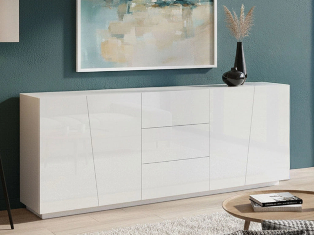 Credenza moderna a 4 ante e 3 Ayrton, Made in Italy, Madia da cucina, Buffet di design da soggiorno, cm 220x43h86, Bianco lucido