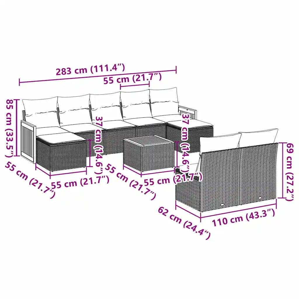 Set Divani da Giardino 10pz con Cuscini in Polyrattan Nero