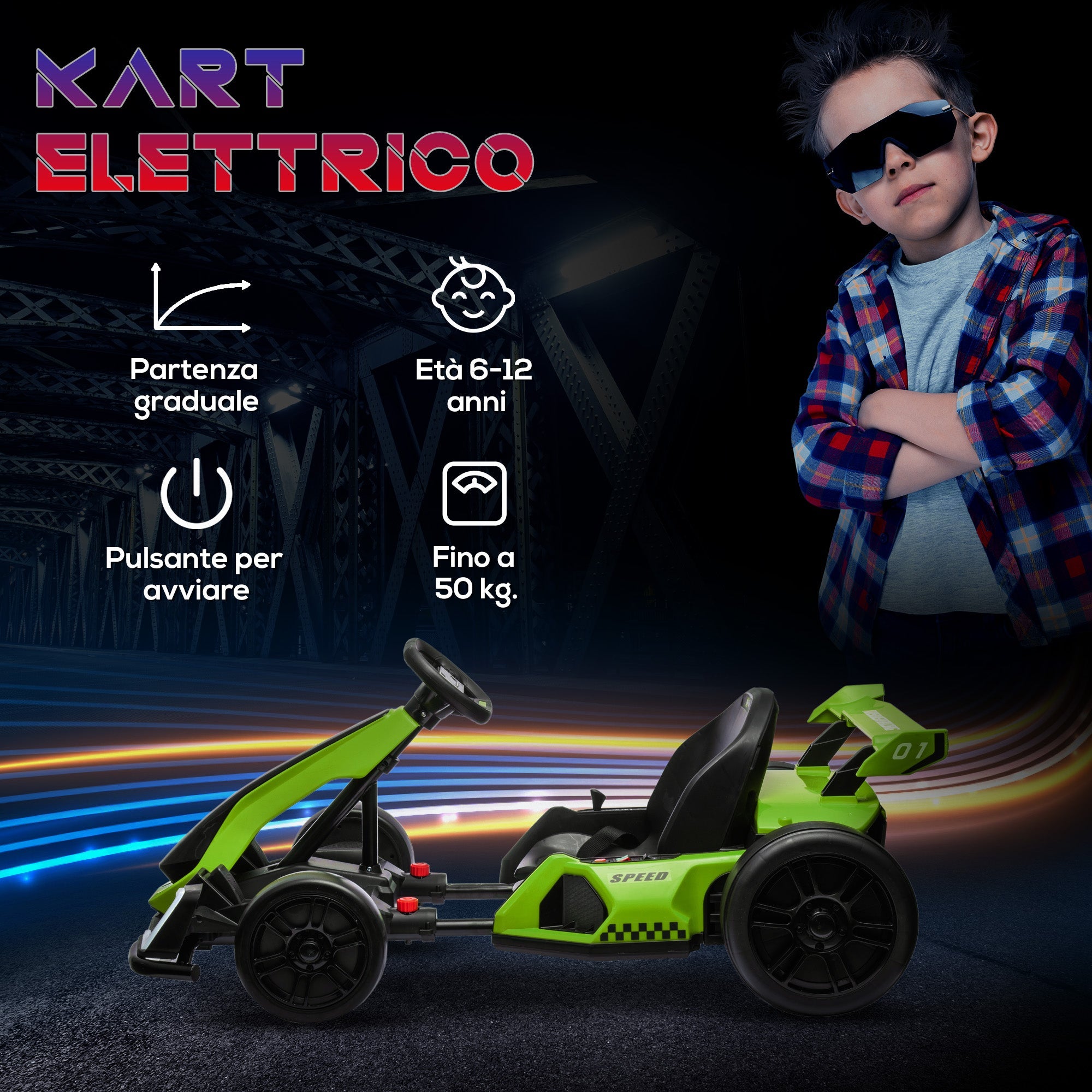 Go Kart Elettrico per Bambini 24V 12km/h con Seggiolino Regolabile Verde
