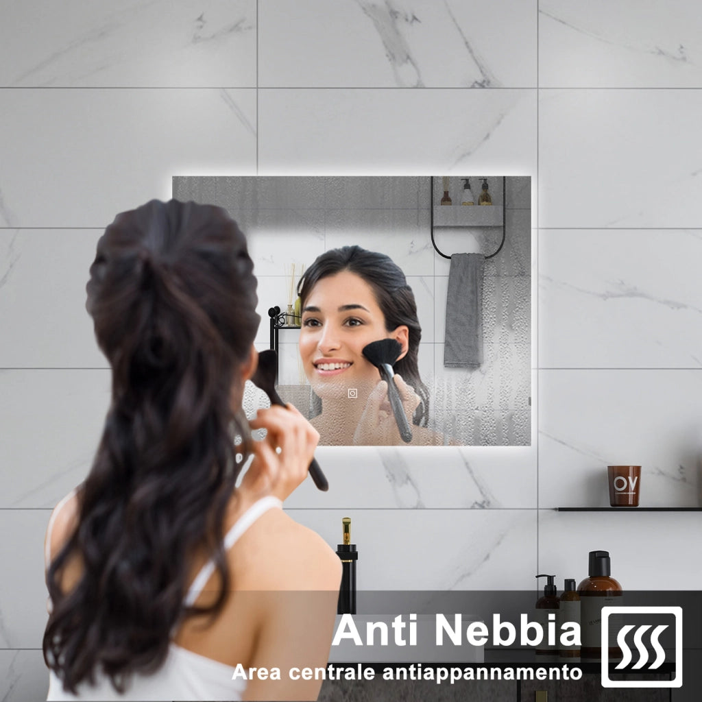 AICA Specchio da bagno 80 x 60 cm, antiappannamento, dimmerabile, interruttore touch, Funzione Memoria