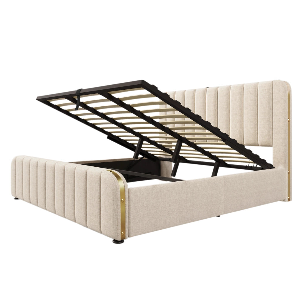 Letto matrimoniale imbottito 180x200 cm con testiera USB Type-C, contenitore idraulico, beige