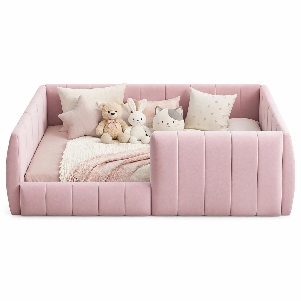 Letto piattaforma imbottito 90x200 cm con spondine di sicurezza; rosa; in MDF e velluto