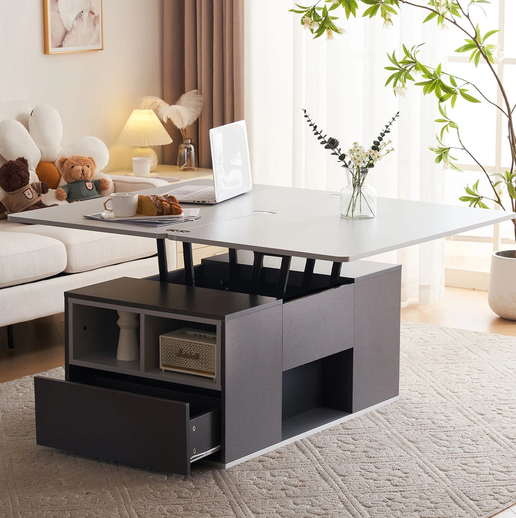 Tavolino da salotto sollevabile 100x51x47 cm in truciolare grigio con 2 cassetti
