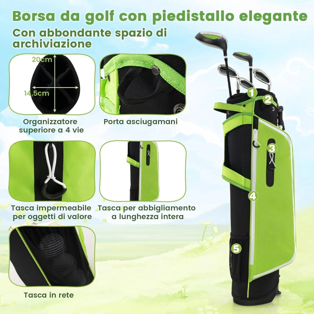 Set di Mazze da Golf per Bambini con Sacca, Fodera Impermeabile, Driver 1, Ibrido 5, Ferro 7, Ferro 9, Ferro S e Putter, Set Allenamento Golf per 11-13 Anni, Destrorso