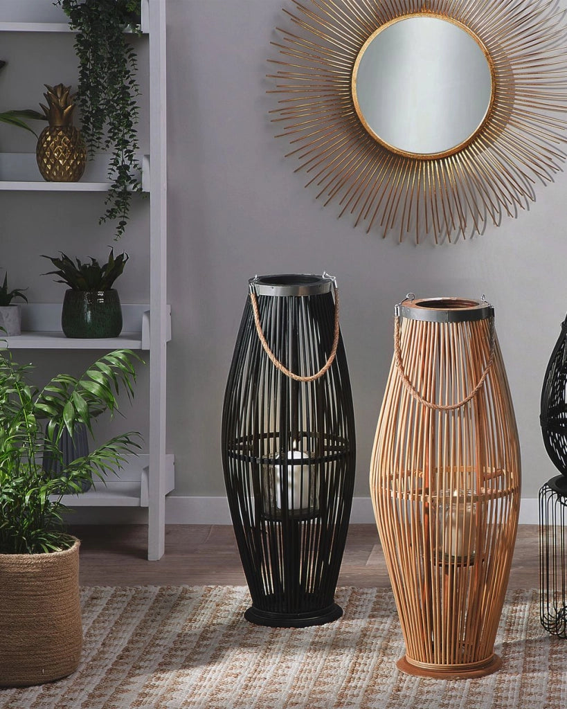 Lanterna in bambù naturale intrecciato nera 72 cm accessorio decorativo stile moderno