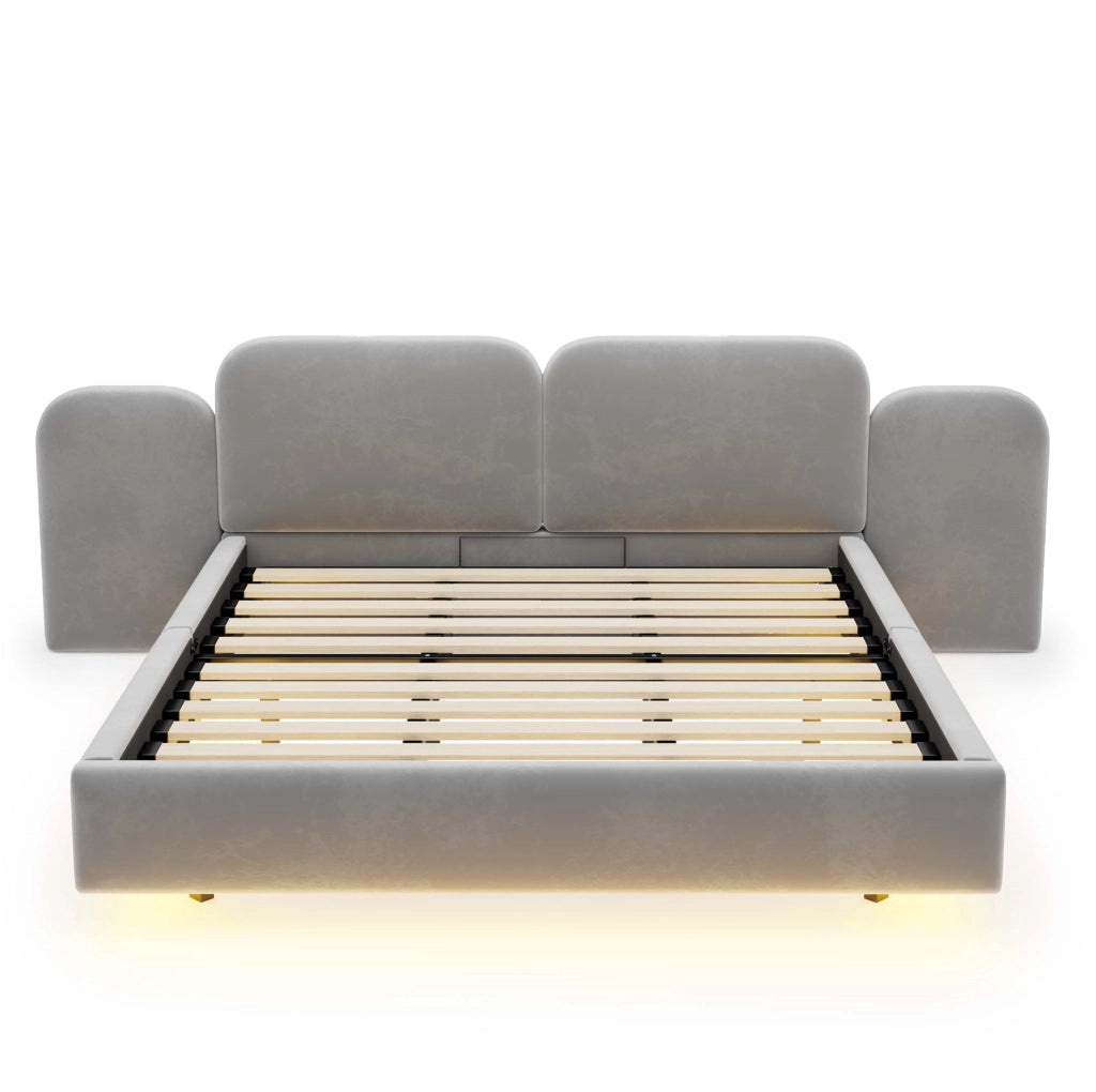 Letto imbottito 180x200 cm con contenitore idraulico, LED RGB e USB-C in velluto grigio