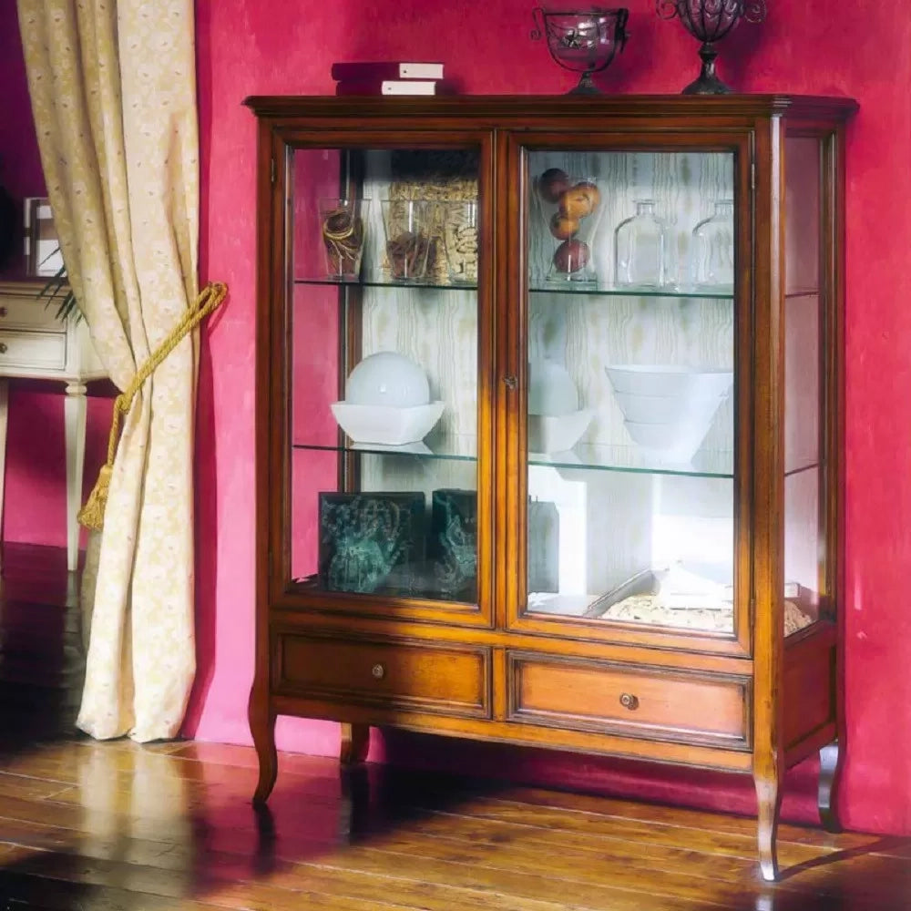 Vetrina classica in legno 2 porte 2 cassetti finitura bassano l.108 p.40 h.130 - Mobili 2G