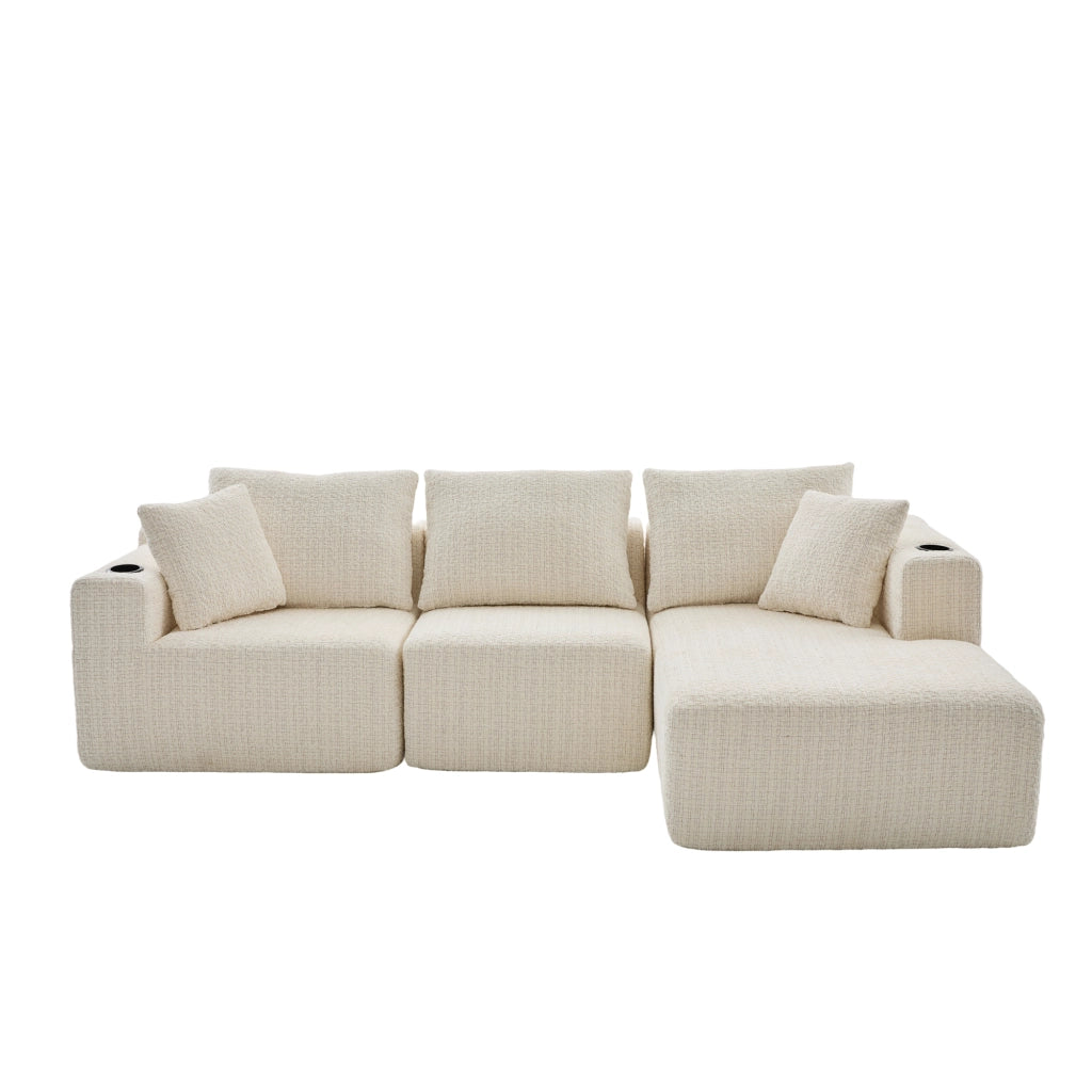 Divano angolare modulare in ciniglia con tasche laterali e seduta ampia, senza montaggio, beige 261 × 165 × 80 cm