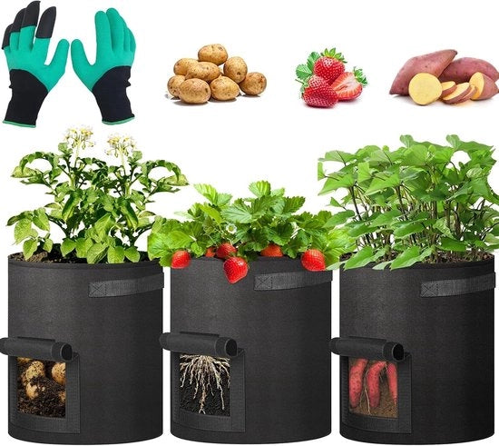 Sacchetto per piante in tessuto - 3 contenitori per semi - 10 galloni - 40 litri - per pomodori e patate - con guanti da giardino